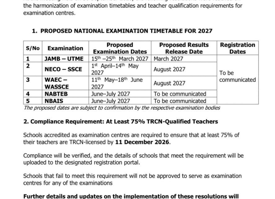 FG, stakeholders propose new dates for 2027 national examinations